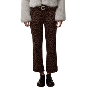 Zara Brown Leopard Print Flocked Cropped Straight Leg Pants